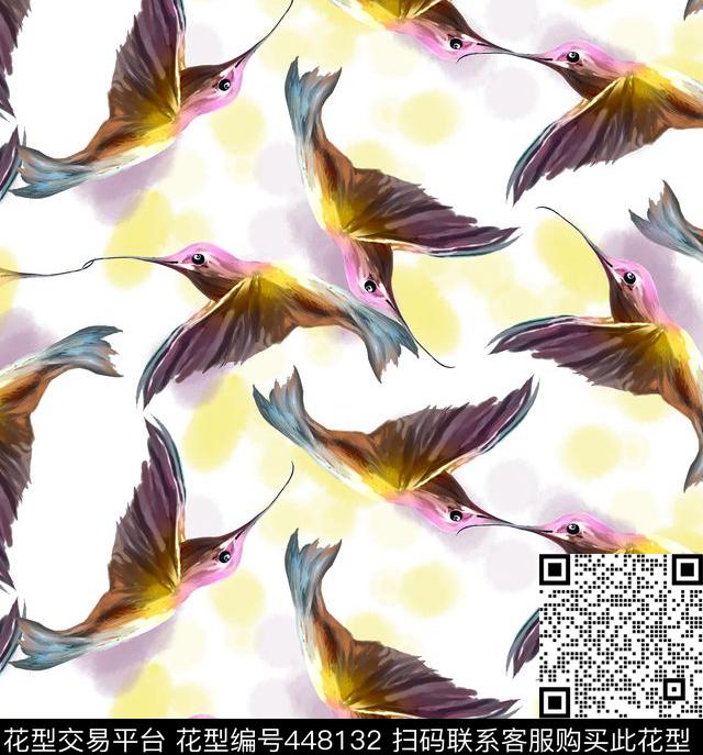 纯电脑手绘动物蜂鸟数码印花华亿平台下载（图片编号: 448132） - 瓦栏（Walan）