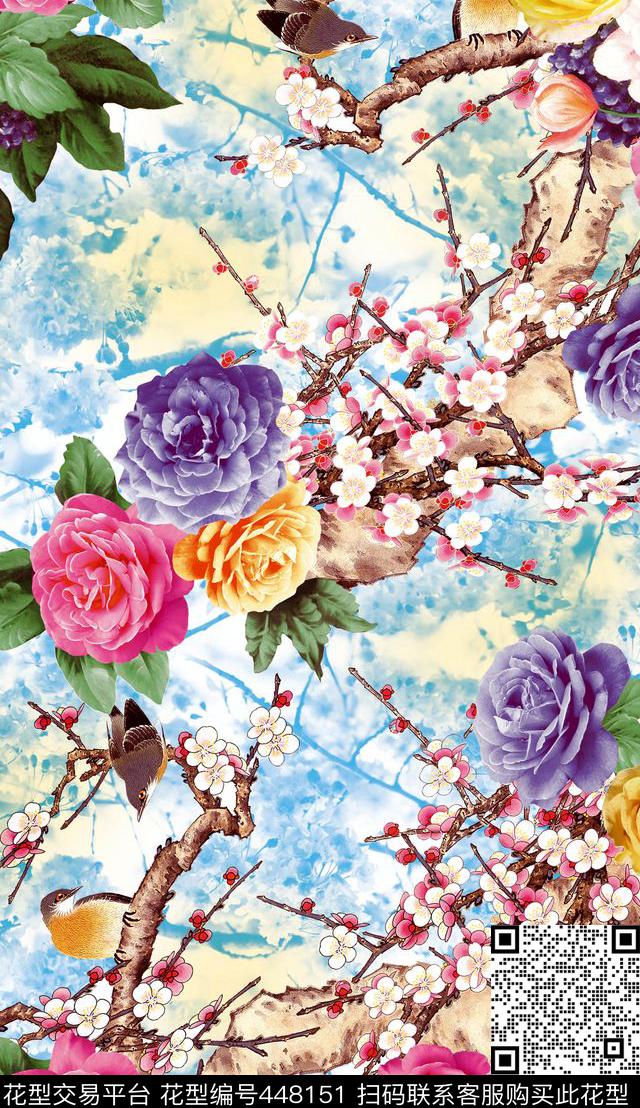 中国风工笔画清新花卉数码印花华亿平台下载（图片编号: 448151） - 瓦栏（Walan）