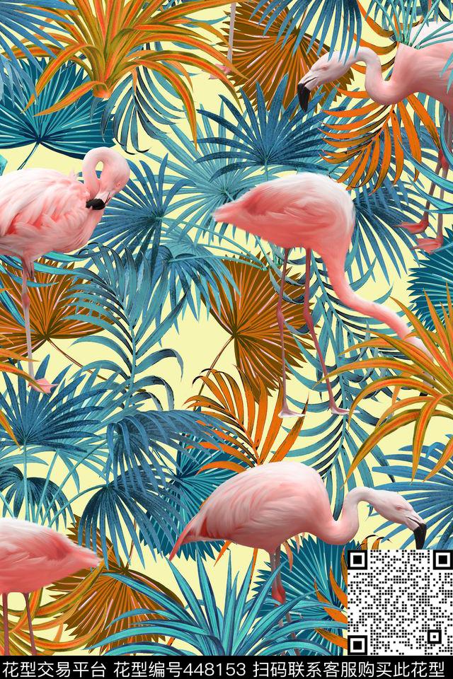 火烈鸟热带风情棕榈叶数码印花华亿平台下载（图片编号: 448153） - 瓦栏（Walan）