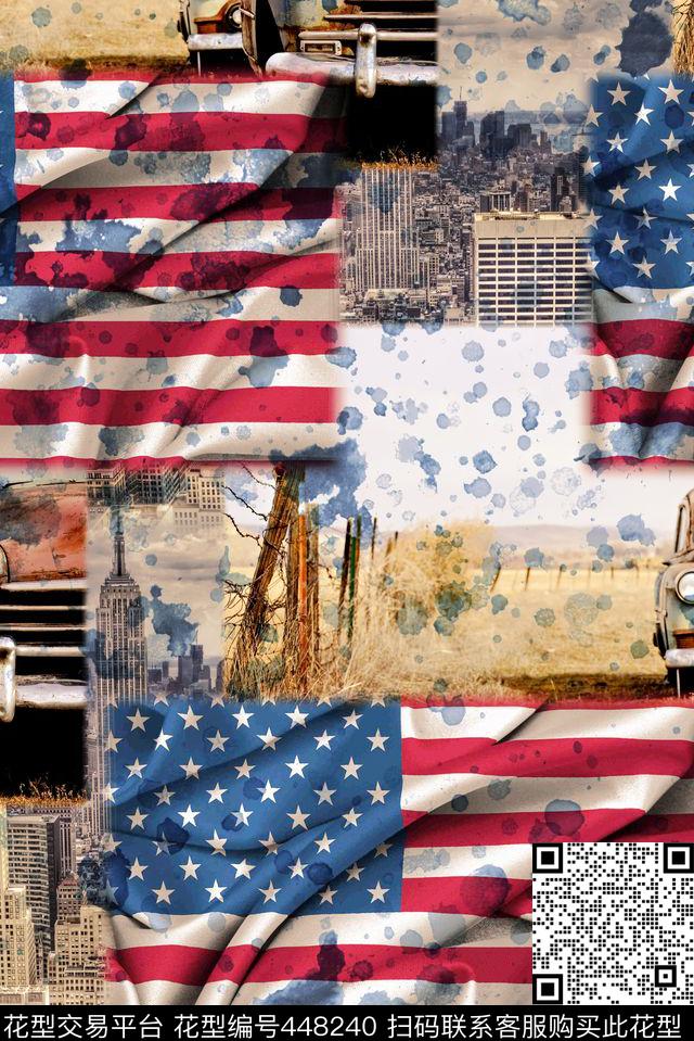 欧美复古风美国国旗墨迹数码印花华亿平台下载（图片编号: 448240） - 瓦栏（Walan）