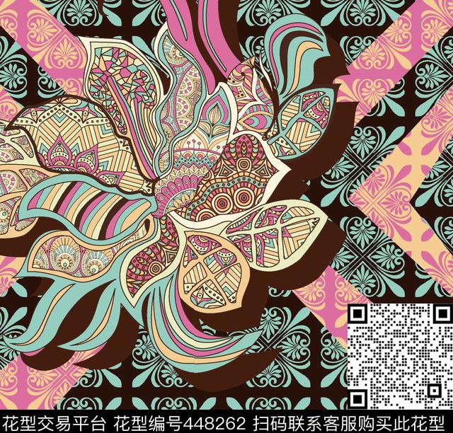 彩色大花花朵紫色传统印花华亿平台下载（图片编号: 448262） - 瓦栏（Walan）