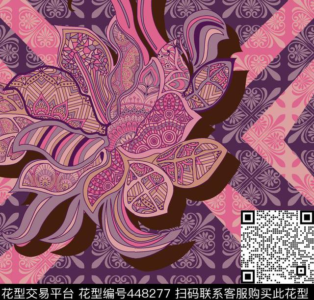 彩色大花花朵紫色传统印花华亿平台下载（图片编号: 448277） - 瓦栏（Walan）