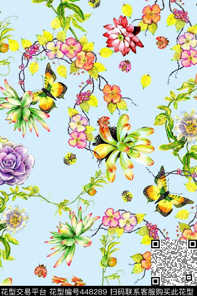 时尚手绘花卉多肉植物数码印花华亿平台下载（图片编号: 448289） - 瓦栏（Walan）