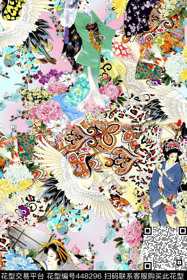和服美女日式风格仙鹤数码印花华亿平台下载（图片编号: 448296） - 瓦栏（Walan）