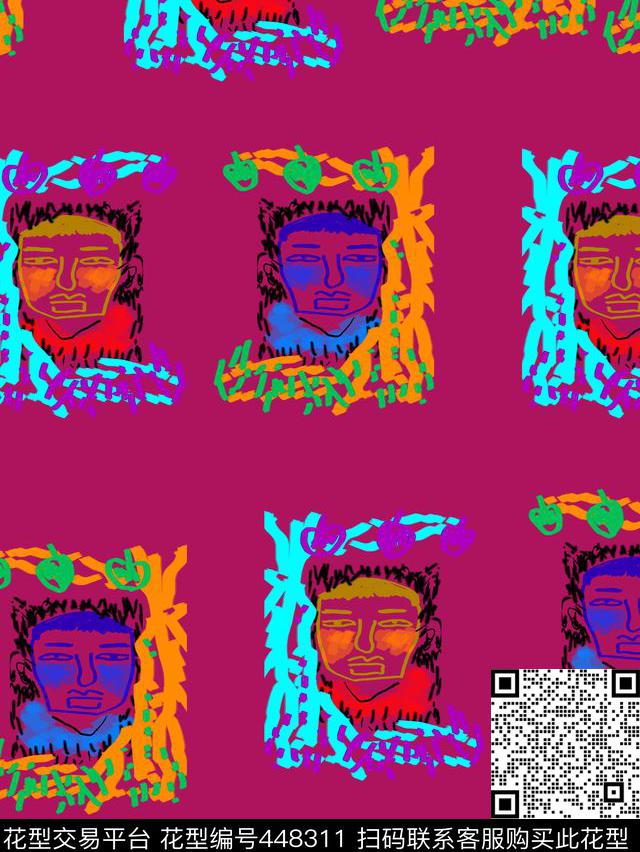 果实等人脸手绘涂鸦传统印花华亿平台下载（图片编号: 448311） - 瓦栏（Walan）