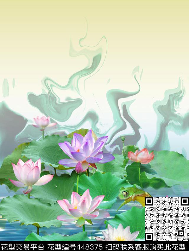 荷花水波纹云烟数码印花华亿平台下载（图片编号: 448375） - 瓦栏（Walan）