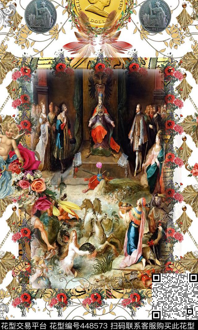 欧式宫廷花卉花纹天使钱币数码印花华亿平台下载（图片编号: 448573） - 瓦栏（Walan）