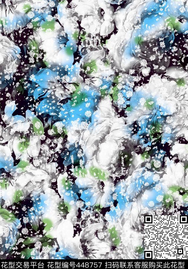 暗花抽象花蓝色数码印花华亿平台下载（图片编号: 448757） - 瓦栏（Walan）