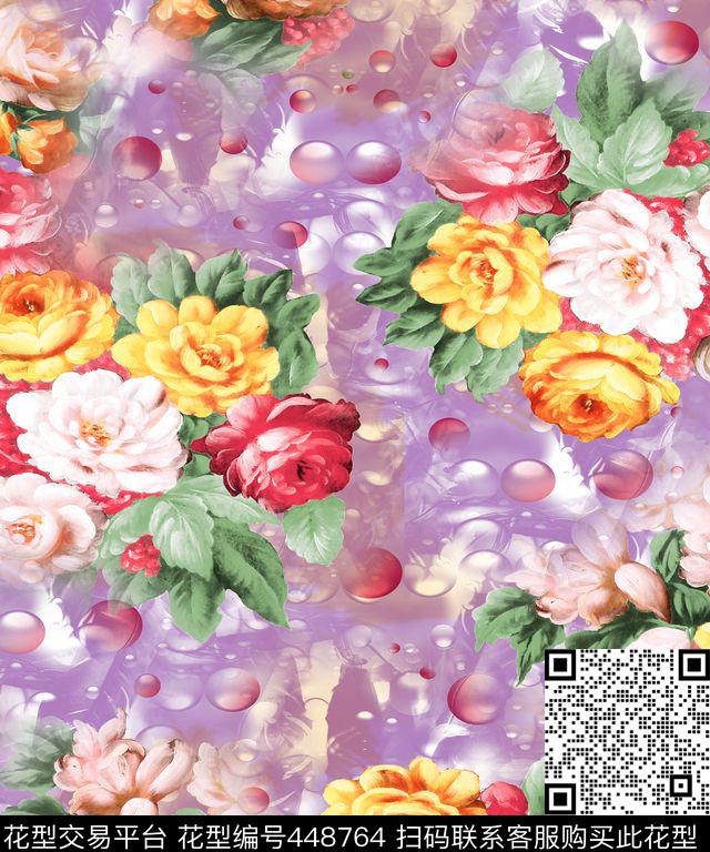 时尚潮流水珠油画花卉数码印花华亿平台下载（图片编号: 448764） - 瓦栏（Walan）