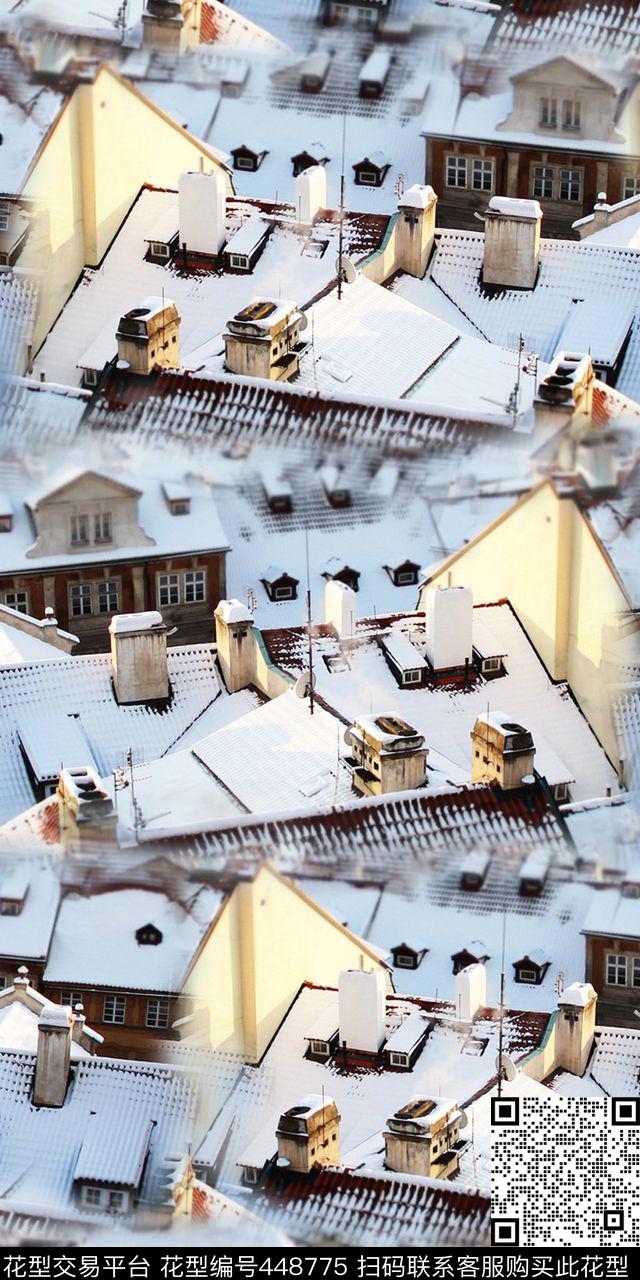 时尚冬季雪景建筑数码印花华亿平台下载（图片编号: 448775） - 瓦栏（Walan）