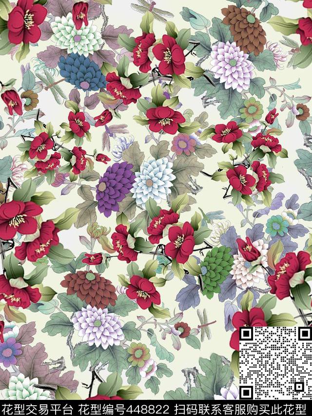 复古风格国画花卉四方连续数码印花华亿平台下载（图片编号: 448822） - 瓦栏（Walan）