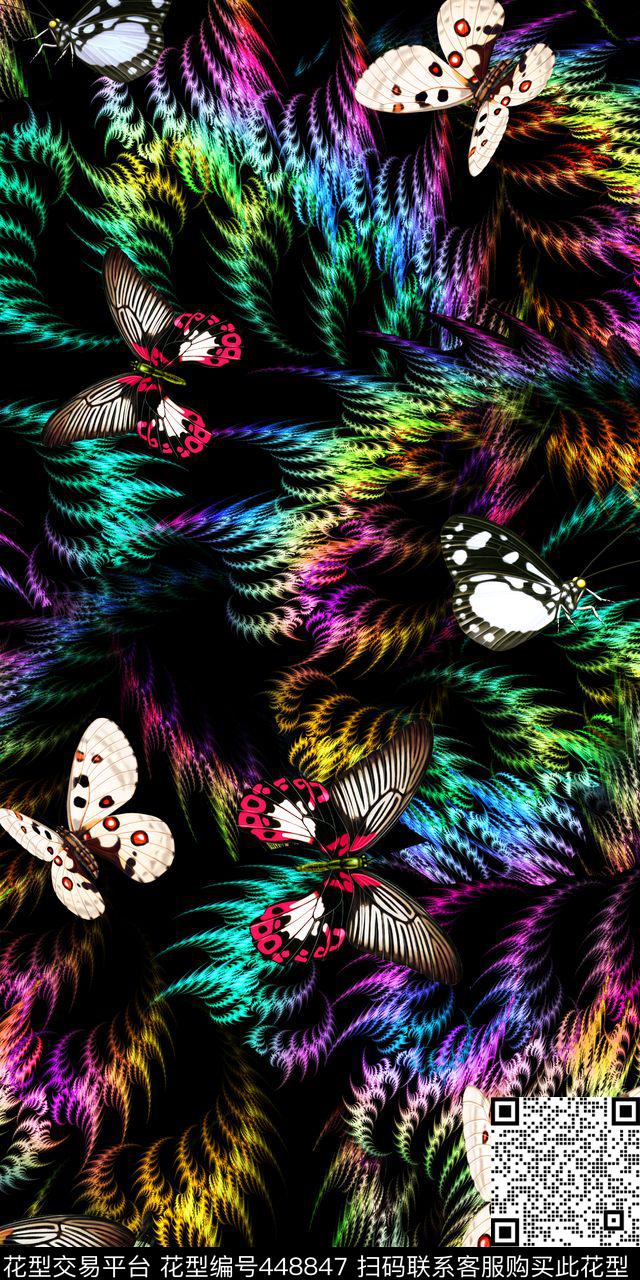 时尚黑底抽象炫光多彩蝴蝶数码印花华亿平台下载（图片编号: 448847） - 瓦栏（Walan）
