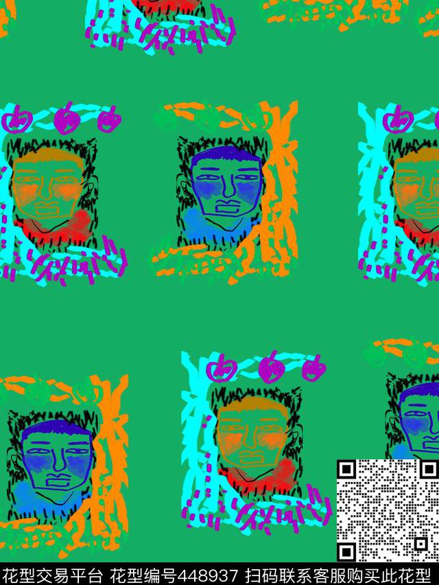 果实等人脸手绘涂鸦数码印花华亿平台下载（图片编号: 448937） - 瓦栏（Walan）