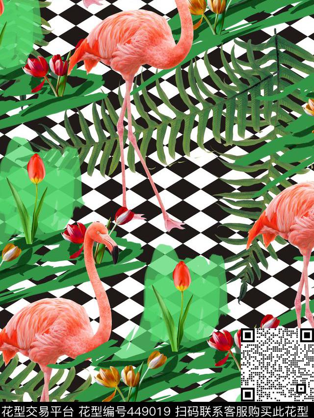 火烈鸟植被花卉蕨类叶子自然数码印花华亿平台下载（图片编号: 449019） - 瓦栏（Walan）