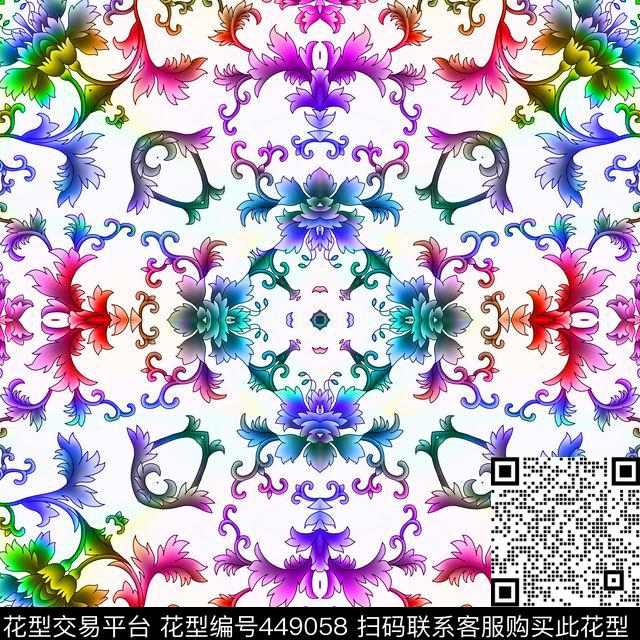 中国风对称粉彩数码印花华亿平台下载（图片编号: 449058） - 瓦栏（Walan）