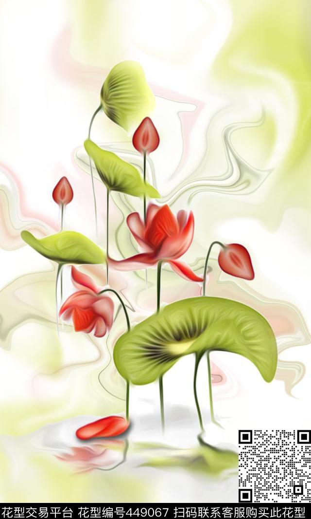 定位莲花水墨风数码印花华亿平台下载（图片编号: 449067） - 瓦栏（Walan）