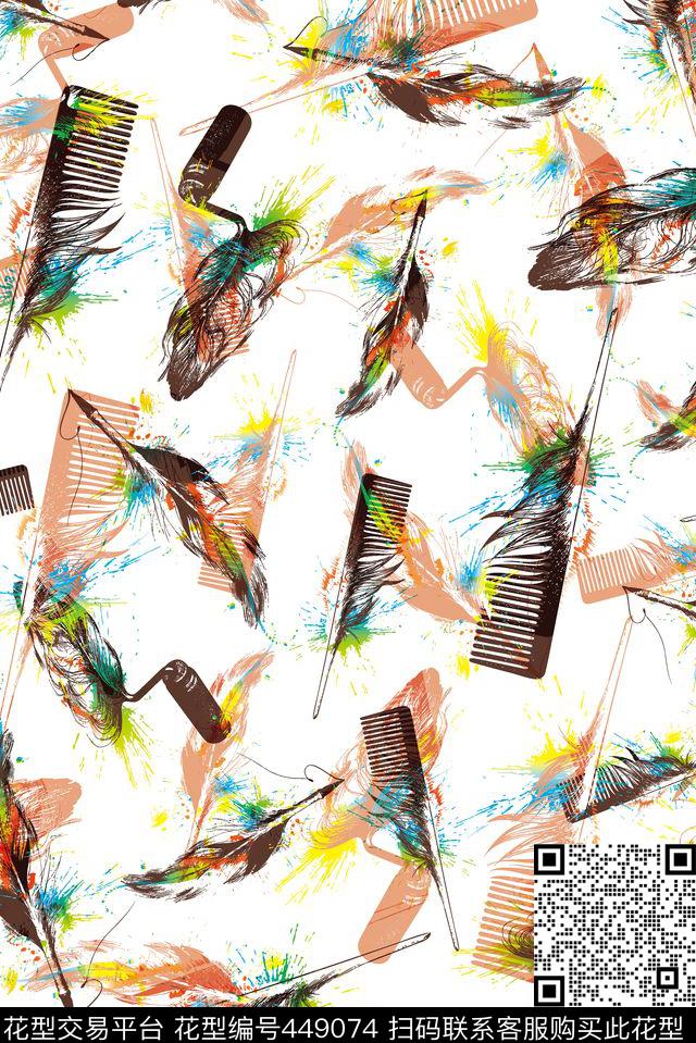 炫彩羽毛梳子传统印花华亿平台下载（图片编号: 449074） - 瓦栏（Walan）