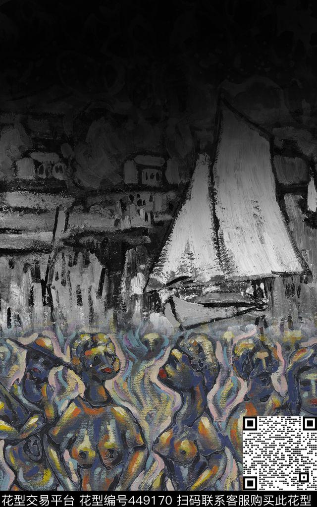 抽象涂鸦个性定位黑白灰数码印花华亿平台下载（图片编号: 449170） - 瓦栏（Walan）
