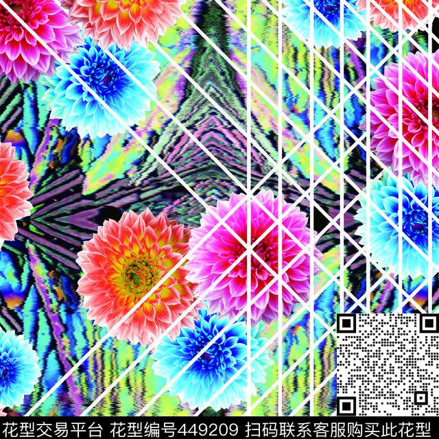 田园大丽菊几何线条数码印花华亿平台下载（图片编号: 449209） - 瓦栏（Walan）