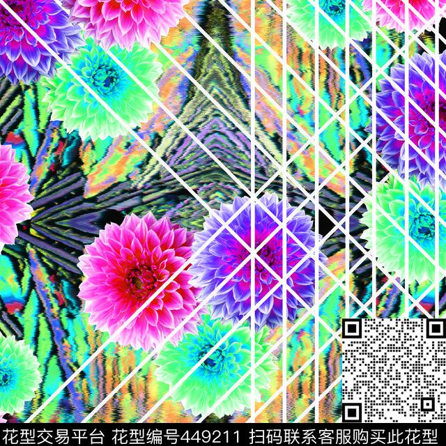 田园大丽菊几何线条数码印花华亿平台下载（图片编号: 449211） - 瓦栏（Walan）