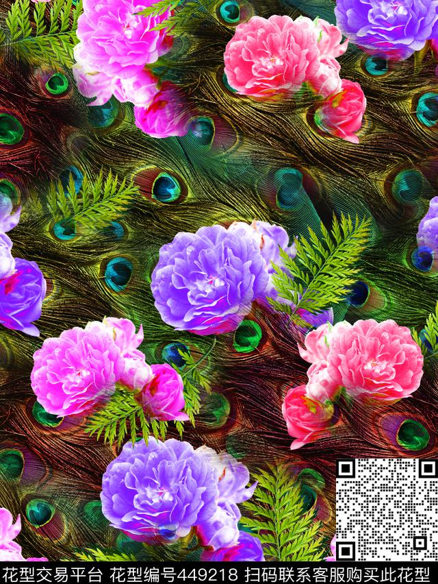 花卉孔雀羽毛数码印花华亿平台下载（图片编号: 449218） - 瓦栏（Walan）