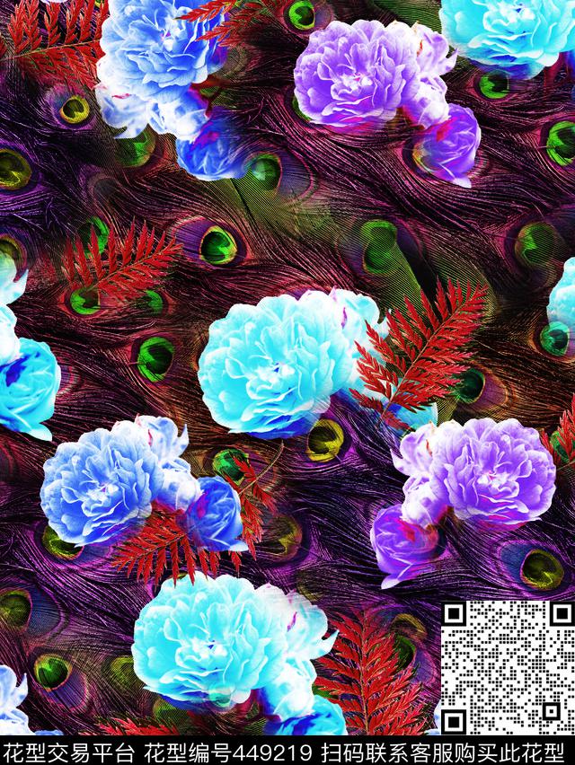 花卉孔雀羽毛数码印花华亿平台下载（图片编号: 449219） - 瓦栏（Walan）