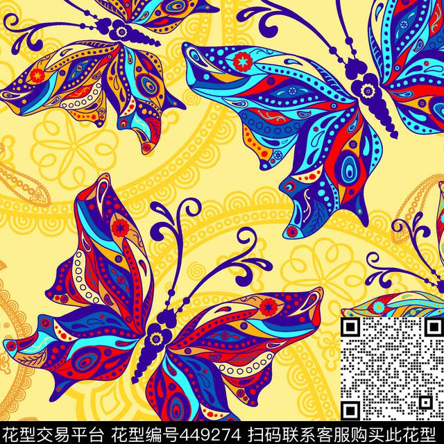 彩蝶蝴蝶腰果花数码印花华亿平台下载（图片编号: 449274） - 瓦栏（Walan）