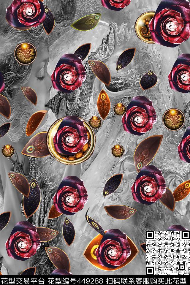 抽象肌理炫彩花抽象叶子数码印花华亿平台下载（图片编号: 449288） - 瓦栏（Walan）