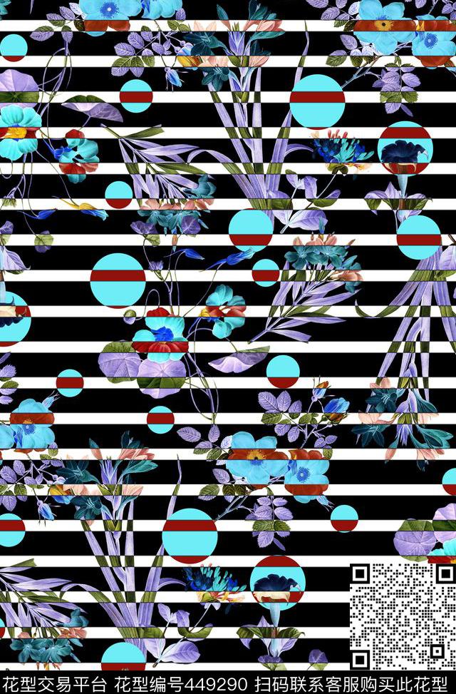 个性花卉条纹几何花卉数码印花华亿平台下载（图片编号: 449290） - 瓦栏（Walan）