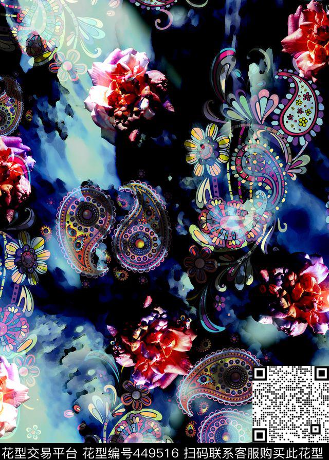 抽象花卉佩斯利漩涡纹数码印花华亿平台下载（图片编号: 449516） - 瓦栏（Walan）