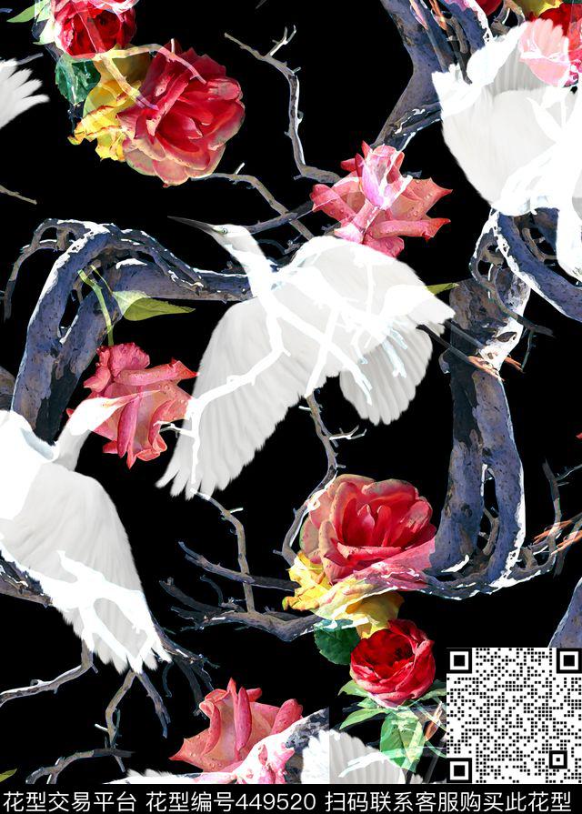 白鹭花卉时尚数码印花华亿平台下载（图片编号: 449520） - 瓦栏（Walan）