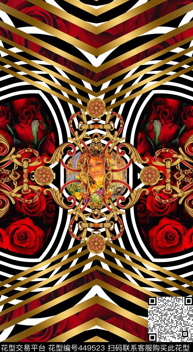复古几何玫瑰花数码印花华亿平台下载（图片编号: 449523） - 瓦栏（Walan）