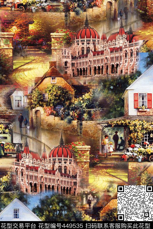 欧式复古花卉建筑数码印花华亿平台下载（图片编号: 449535） - 瓦栏（Walan）