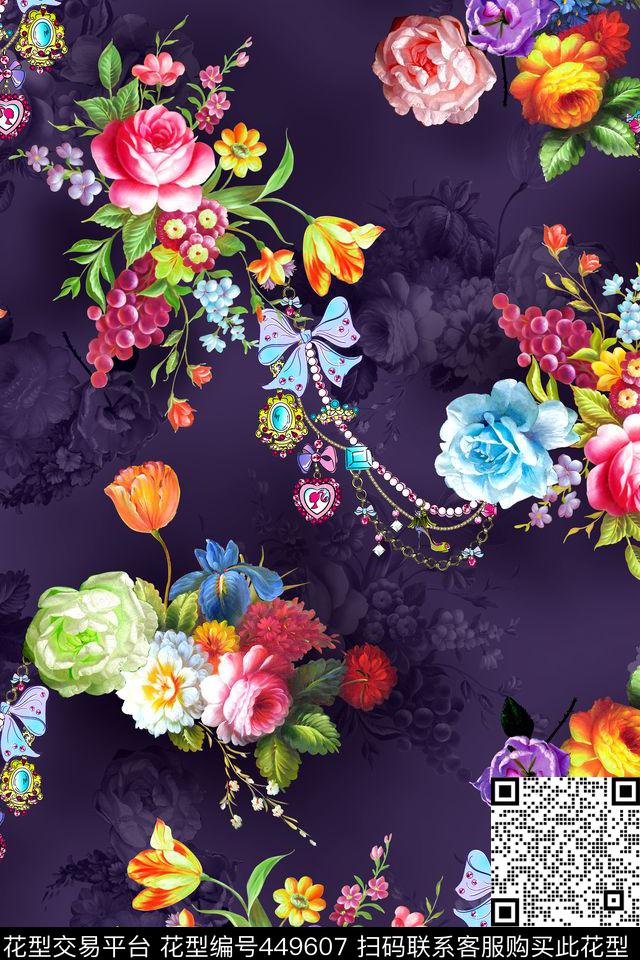 时尚油画花卉宝石项链数码印花华亿平台下载（图片编号: 449607） - 瓦栏（Walan）