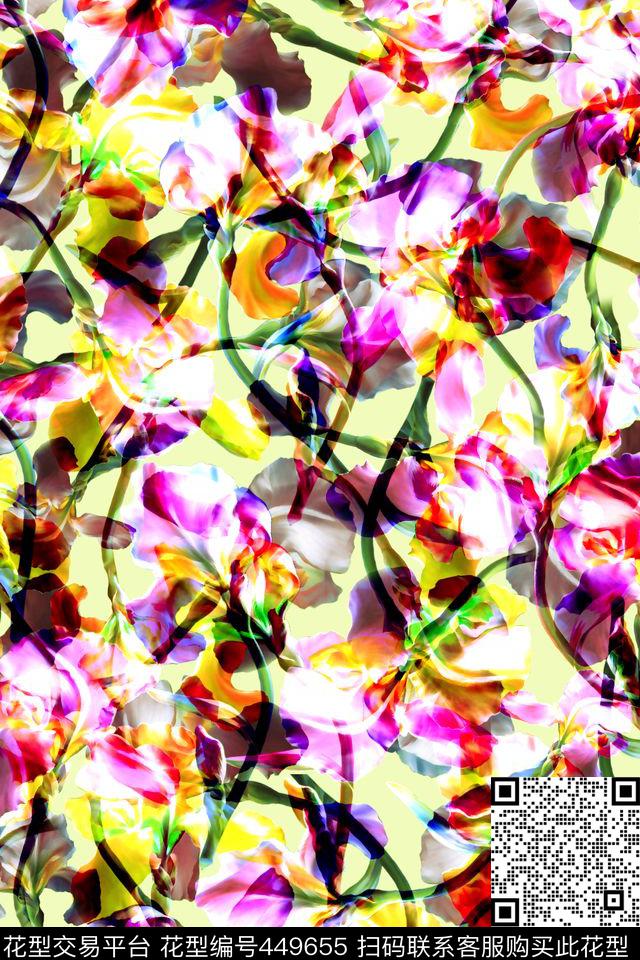 抽象花卉花卉组合抽象效果数码印花华亿平台下载（图片编号: 449655） - 瓦栏（Walan）