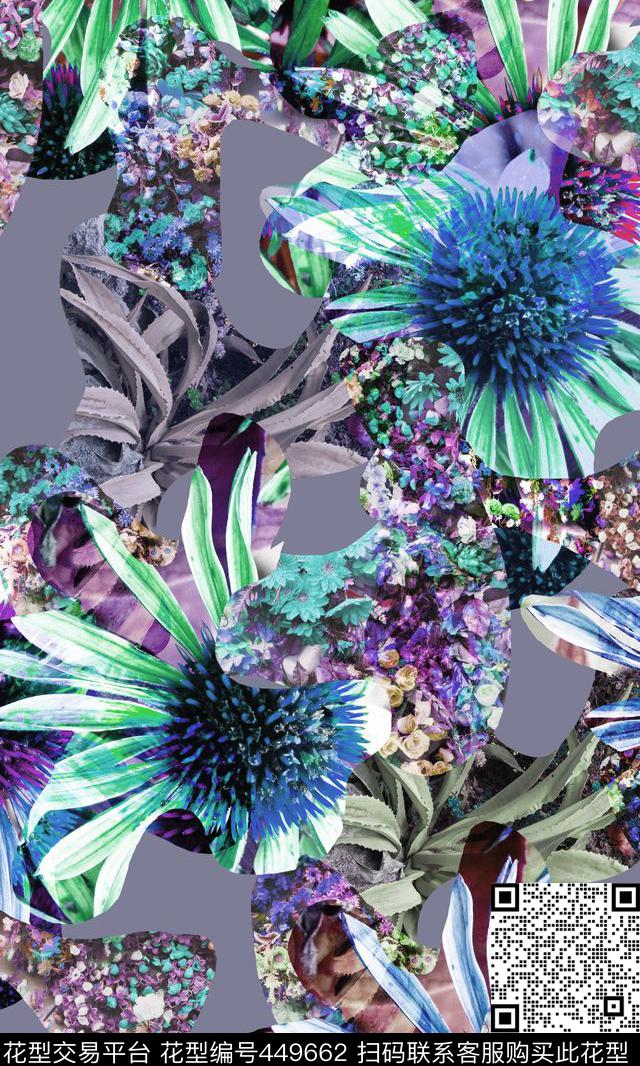 花卉组合花卉蓝色数码印花华亿平台下载（图片编号: 449662） - 瓦栏（Walan）