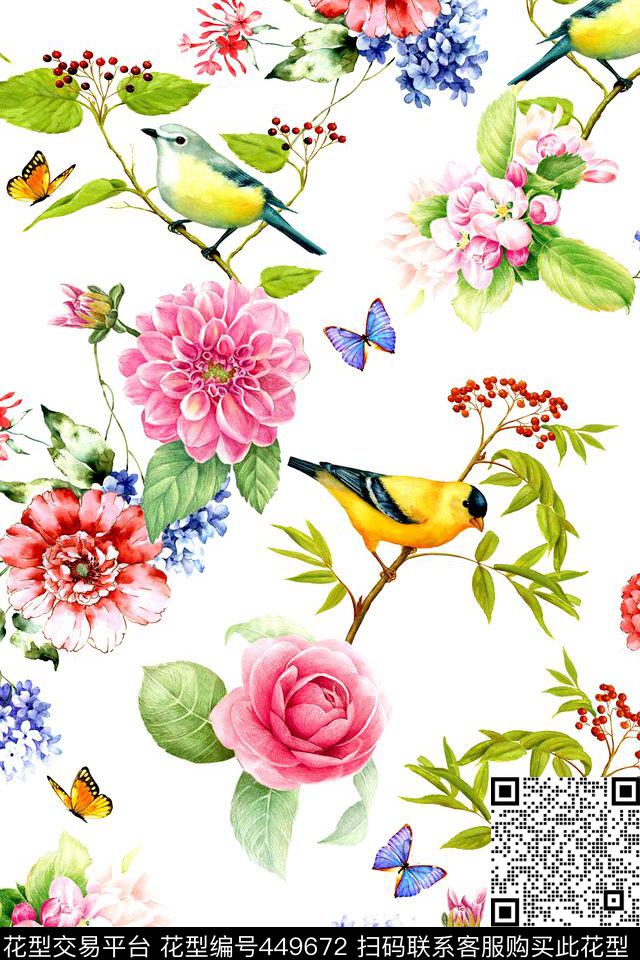 小清新花卉鸟数码印花华亿平台下载（图片编号: 449672） - 瓦栏（Walan）