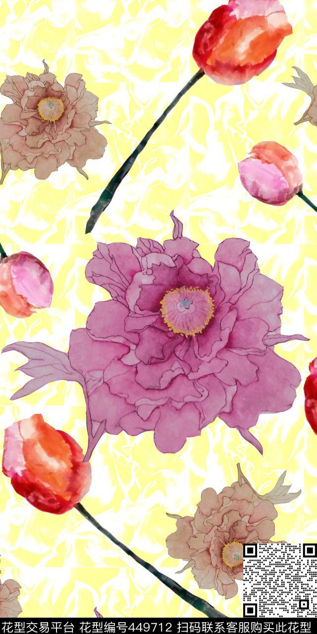 时尚花卉手绘华亿平台数码印花华亿平台下载（图片编号: 449712） - 瓦栏（Walan）