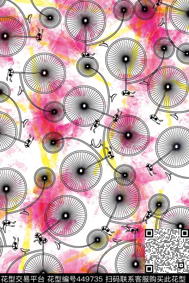 创意水彩自行车数码印花华亿平台下载（图片编号: 449735） - 瓦栏（Walan）