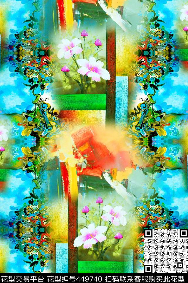 抽象油画民族风水彩数码印花华亿平台下载（图片编号: 449740） - 瓦栏（Walan）