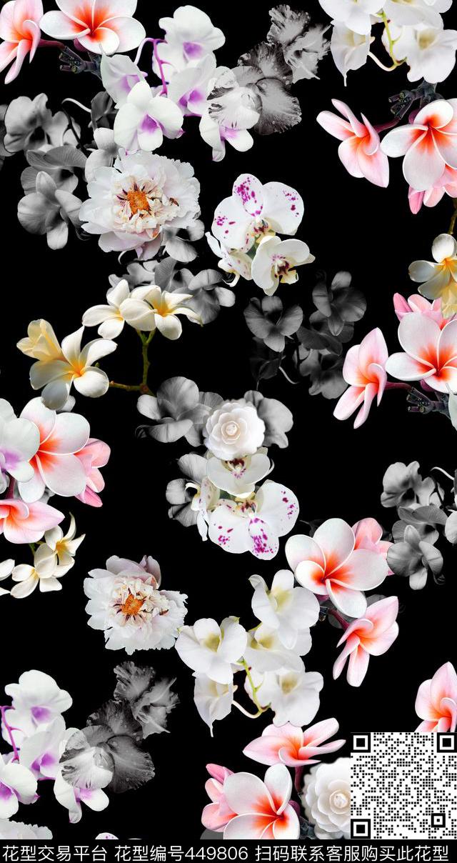 甜美清新鸡蛋花白茶花花卉组合数码印花华亿平台下载（图片编号: 449806） - 瓦栏（Walan）