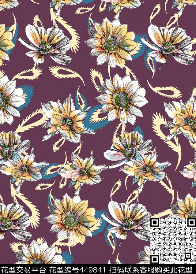 时尚手绘手绘花卉数码印花华亿平台下载（图片编号: 449841） - 瓦栏（Walan）