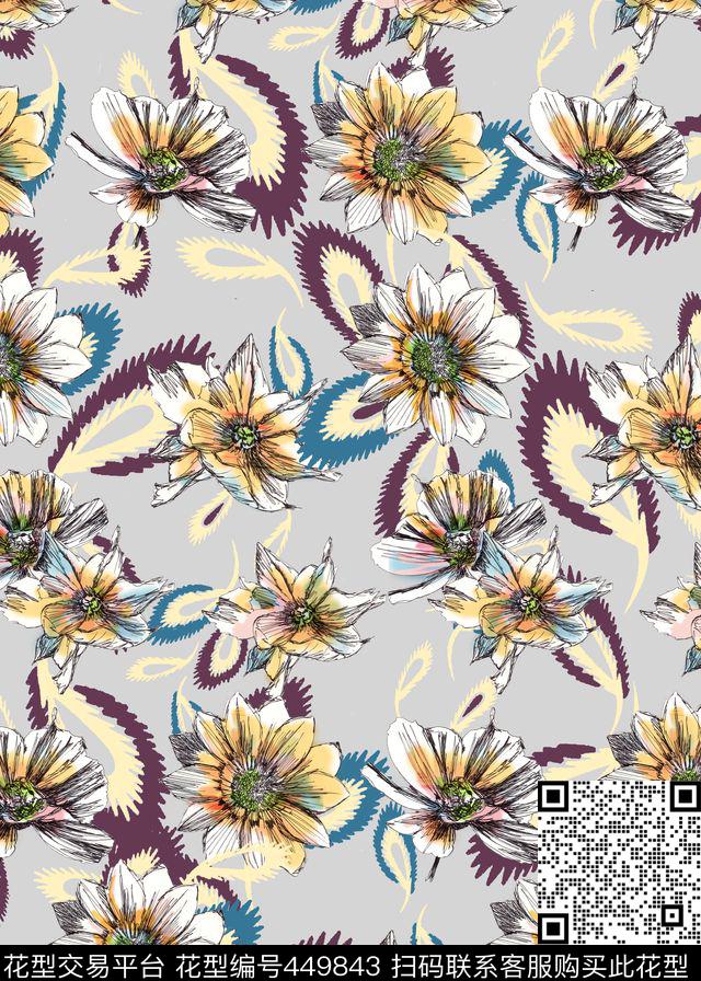 时尚手绘抽象花卉腰果花数码印花华亿平台下载（图片编号: 449843） - 瓦栏（Walan）