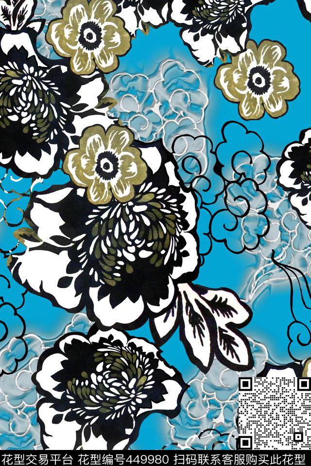 纯底撞色大牌风风格化花卉数码印花华亿平台下载（图片编号: 449980） - 瓦栏（Walan）