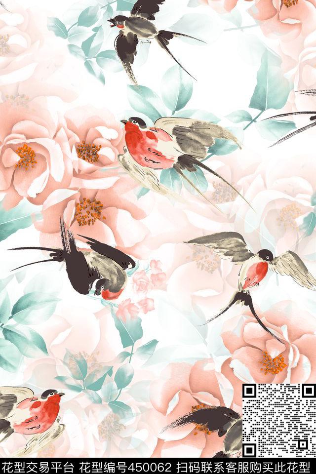 写意水墨燕子数码印花华亿平台下载（图片编号: 450062） - 瓦栏（Walan）