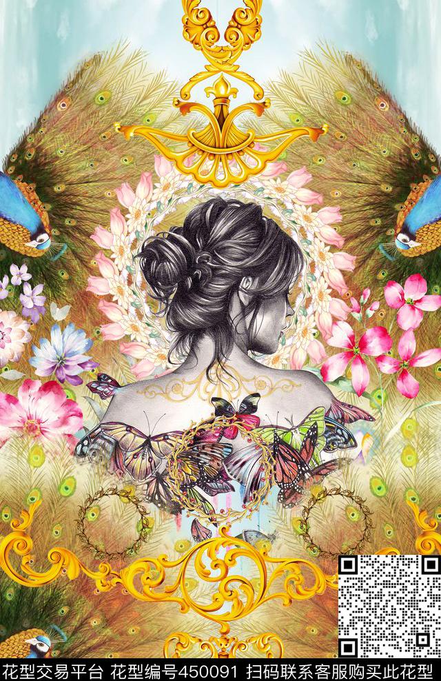 定位华亿平台花卉孔雀数码印花华亿平台下载（图片编号: 450091） - 瓦栏（Walan）