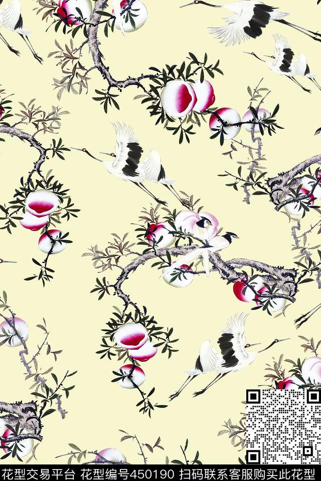 中国风桃花仙鹤数码印花华亿平台下载（图片编号: 450190） - 瓦栏（Walan）