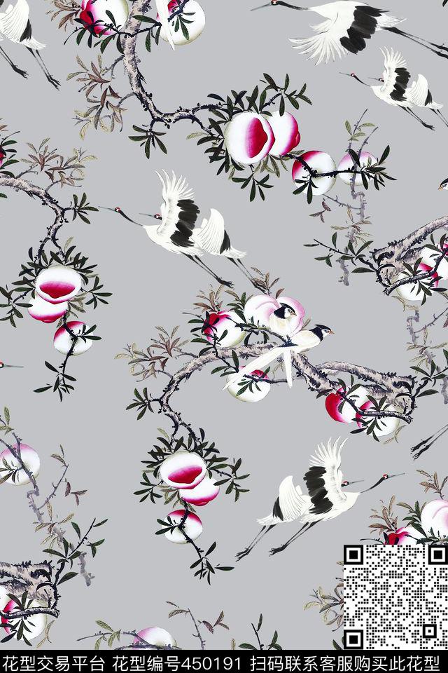 中国风桃花仙鹤数码印花华亿平台下载（图片编号: 450191） - 瓦栏（Walan）