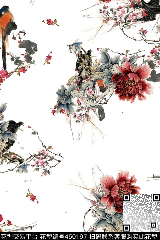 花鸟牡丹花旗袍华亿平台数码印花华亿平台下载（图片编号: 450197） - 瓦栏（Walan）