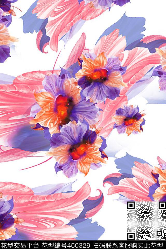 花卉手绘花朵数码印花华亿平台下载（图片编号: 450329） - 瓦栏（Walan）
